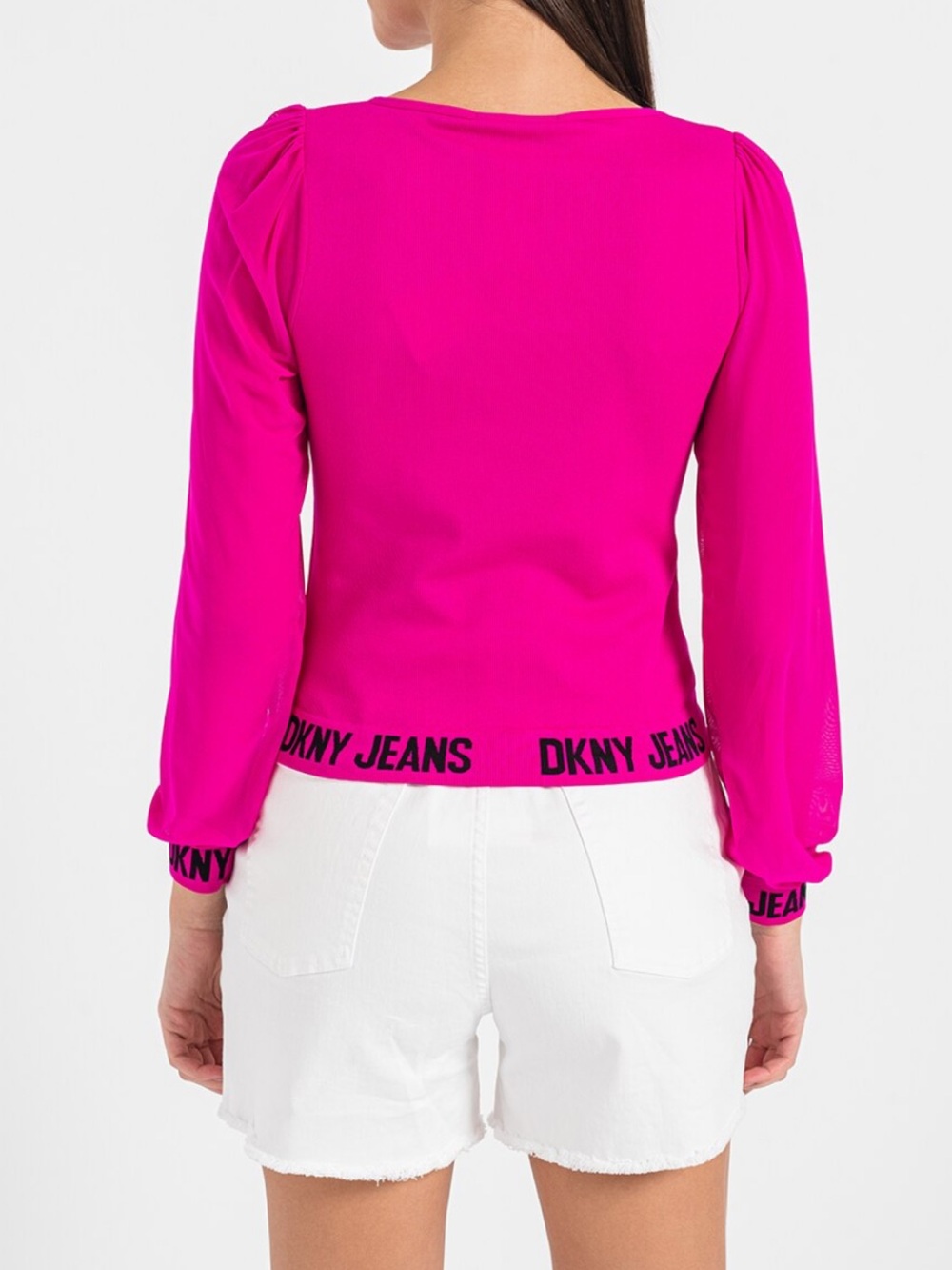 🩷DKNY JEANS🩷MESH-SLEEVE, LOGO TRIM, SCOOP NECK BLOUSE. NWOT. - Picture 2 of 10